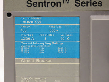 Siemens Sentron LXD63B450 Circuit Breaker 450A 3-Pole 600V 3PH Molded Case