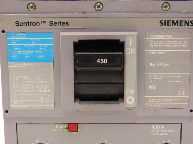 Siemens Sentron LXD63B450 Circuit Breaker 450A 3-Pole 600V 3PH Molded Case