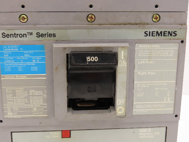 Siemens Sentron LXD63B500 Circuit Breaker 500A 3-Pole 600V 3PH Molded Case