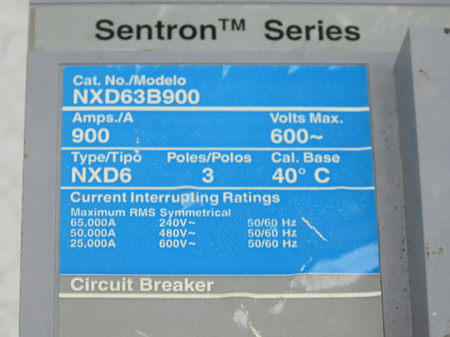 Siemens Sentron NXD63B900 Circuit Breaker 900A 3-Pole 600VAC 3PH Molded Case