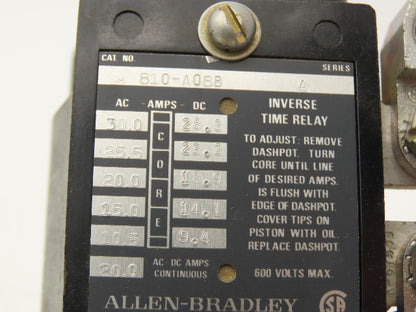 Allen Bradley 810-A08B Inverse Time Current Relay Max 600 V AC/DC 20A Continuous