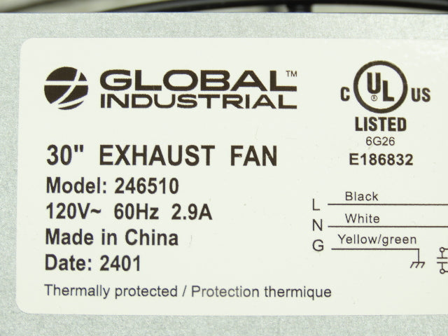 Continental Dynamics Global 246510 30" Exhaust Fan 1-Speed 8000 CFM 1/4Hp 120V