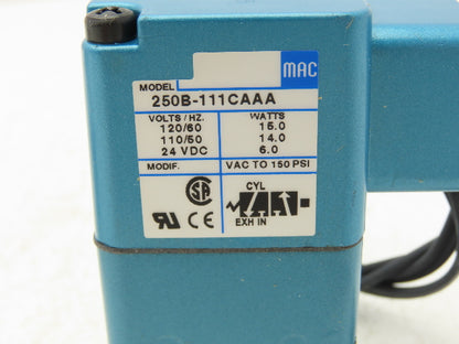 Mac 250B-111CA Solenoid Operated 3-Way Poppet Valve 25-150PSI 120VAC/24VDC