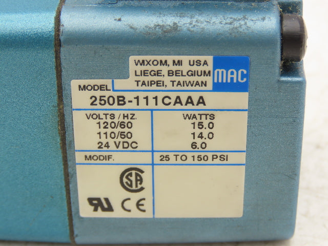 Mac 250B-111CA Solenoid Operated 3-Way Poppet Valve 25-150PSI 120VAC/24VDC