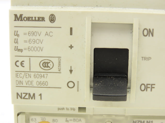 Moeller NZM N1-A80 Circuit Breaker 80A 3-Pole 690VAC 3PH Molded Case