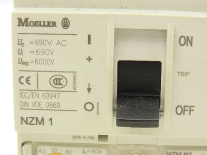 Moeller NZM N1-A80 Circuit Breaker 80A 3-Pole 690VAC 3PH Molded Case