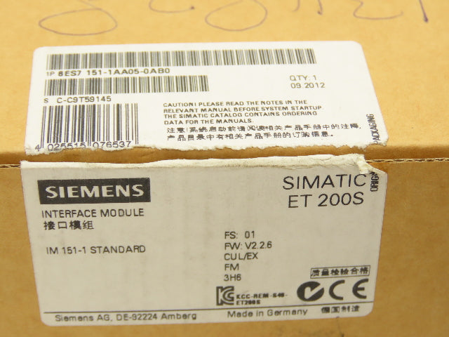 Siemens 6ES7 151-1AA05-0AB0 SIMATIC S7 ET200S Interface Module 24VDC