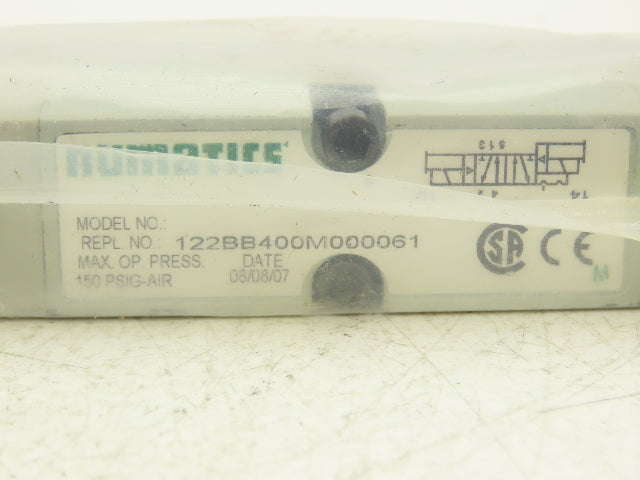 Numatics 122BB400M000061 Pneumatic Air Directional Solenoid Valve 150PSI 24VDC