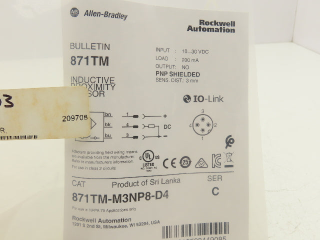 A-B 871TM-M3NP8-D4 Metal Face Inductive Proximity Switch 10-30VDC 8mm OD Ser A