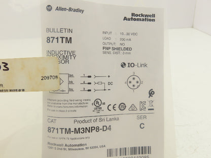 A-B 871TM-M3NP8-D4 Metal Face Inductive Proximity Switch 10-30VDC 8mm OD Ser A