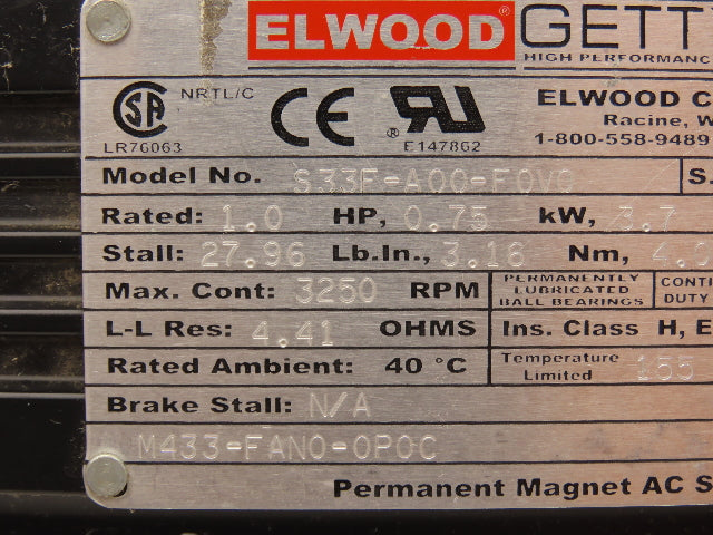Elwood M433-FAN0-0P0C S33F-A00-F0V0 AC Servo Motor 1 Hp 3250 Max RPM 230VAC