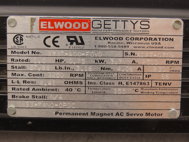 Elwood M433-FAN0-0P0C S33F-A00-F0V0 AC Servo Motor 1 Hp 3250 Max RPM 230VAC