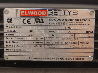 Elwood M433-FAN0-0P0C S33F-A00-F0V0 AC Servo Motor 1 Hp 3250 Max RPM 230VAC