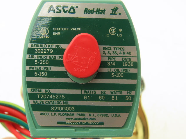 Asco 8210G003 Red-Hat II Solenoid Valve 3/4" NPT 120V