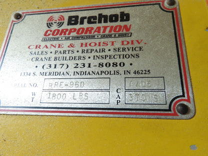 Brehob 3.5 Ton Free Standing Bridge Crane 16' Span 26' 5" Runway 19' 2" HUB