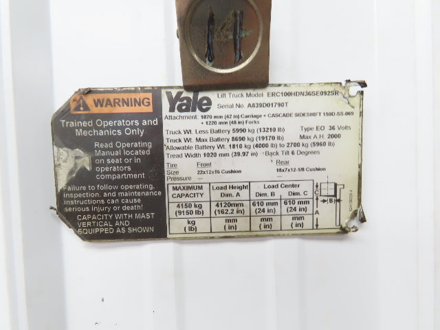 Yale 202979 Forklift Mast 3 Stage 3 Lever 162" Lift 9150lb Class 4 ERC100HDN