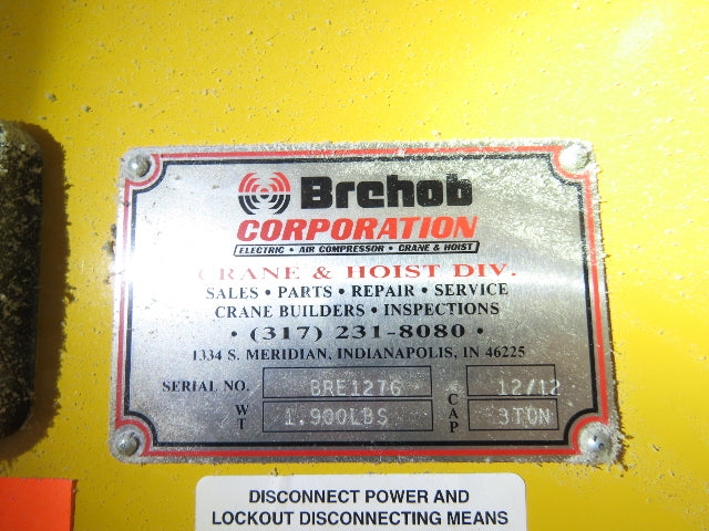 Brehob 3 Ton Free Standing Bridge Crane 18' Span 21' Runway 14' 5" HUB
