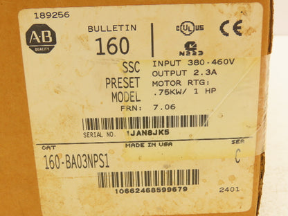 Allen Bradley 160BA03NPS1 Variable Speed AC Drive 0.75kW 1Hp 460VAC 3Ph Ser C