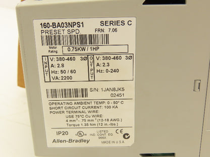 Allen Bradley 160BA03NPS1 Variable Speed AC Drive 0.75kW 1Hp 460VAC 3Ph Ser C