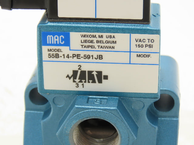 MAC 55B-14-PE-591JB Pneumatic Solenoid Valve 30-150PSI 3/8"BSP 24VDC PED-591JB