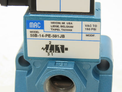 MAC 55B-14-PE-591JB Pneumatic Solenoid Valve 30-150PSI 3/8"BSP 24VDC PED-591JB