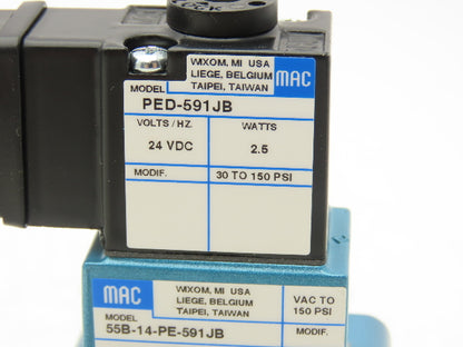 MAC 55B-14-PE-591JB Pneumatic Solenoid Valve 30-150PSI 3/8"BSP 24VDC PED-591JB