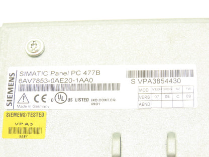Siemens 6AV7853-0AE20-1AA0 Simatic HMI Touch Screen Control Panel PC 477B
