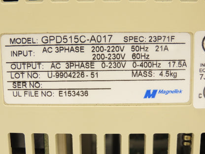 Magnetek GPD515C-A017 Variable AC Drive VFD 230VAC 21A 3PH Crane Control 23P71F
