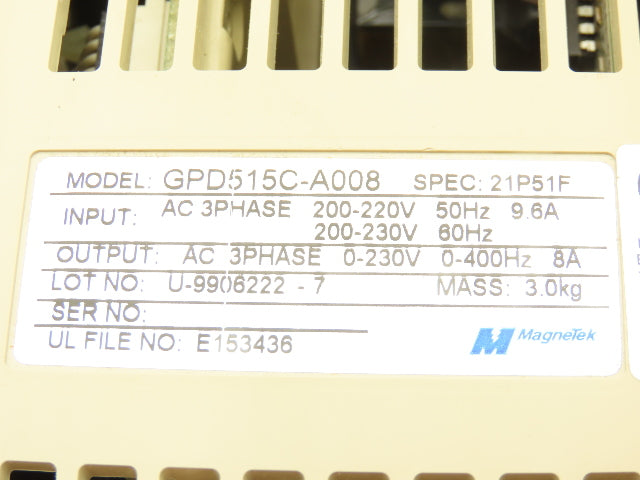 Magnetek GPD515C-A008 Variable AC Drive VFD 230VAC 9.6A 3PH Crane Control 21P51F