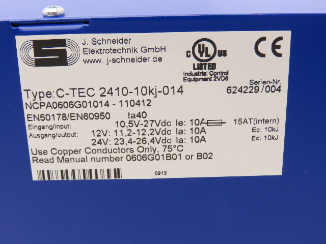J. Schneider C-TEC 2410-10kj-014 10A Power Supply 12/24VDC Capacitor Buffered