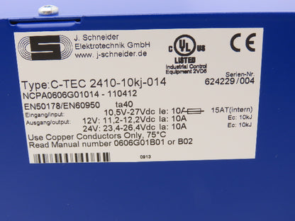 J. Schneider C-TEC 2410-10kj-014 10A Power Supply 12/24VDC Capacitor Buffered