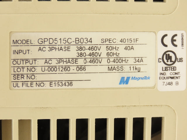 Magnetek GPD515C-B03 Variable AC Drive VFD 460VAC 34A 3PH Crane Control 40151F