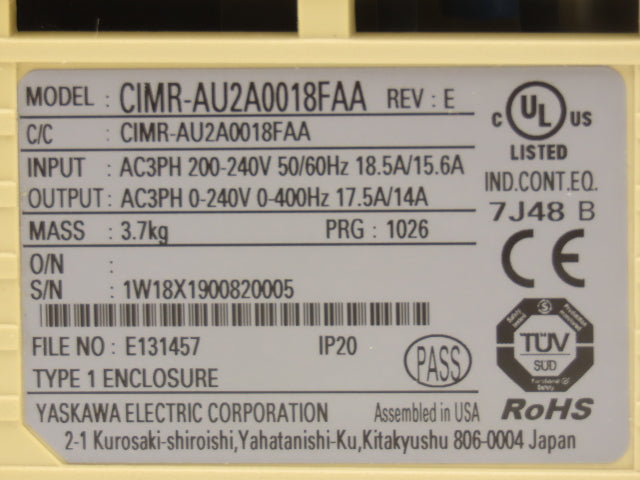 Yaskawa CIMR-AU2A0018FAA VFD Variable AC Drive 5hp 240VAC 17.5A 3PH Rev E