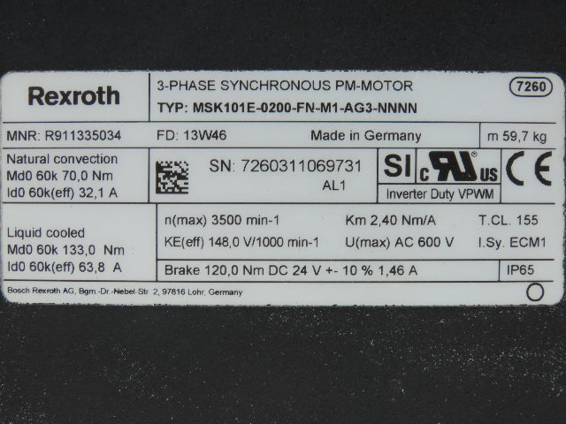 Rexroth MSK101E-0200-FN-M1-AG3-NNNN 3-Phase Synchronous Servo Liquid Cooled