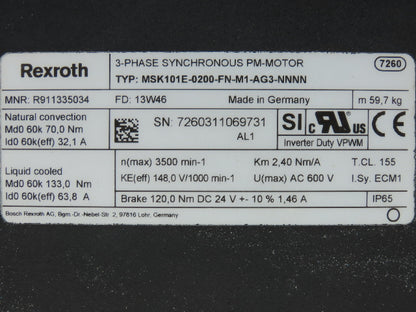 Rexroth MSK101E-0200-FN-M1-AG3-NNNN 3-Phase Synchronous Servo Liquid Cooled