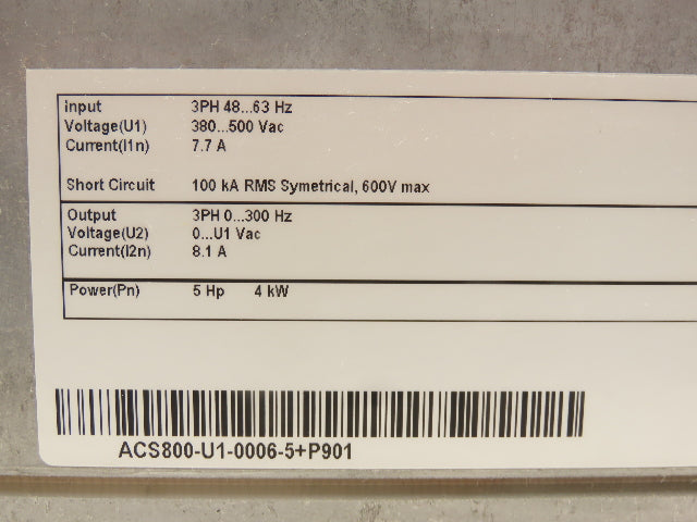 ABB ACS800-U1-0006-5+P901 Variable Speed AC Drive VFD 4kw 5Hp 480V 3PH