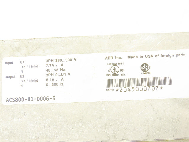ABB ACS800-U1-0006-5 Variable Speed AC Drive VFD 5Hp 480V 8.1A 3PH Read