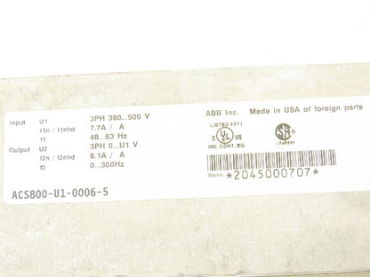 ABB ACS800-U1-0006-5 Variable Speed AC Drive VFD 5Hp 480V 8.1A 3PH Read