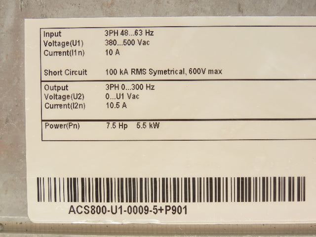 ABB ACS800-U1-0009-5+P901 Variable Speed AC Drive VFD 5.5kw 7.5Hp 480V 3PH
