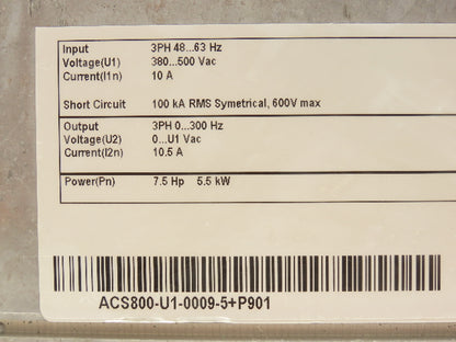 ABB ACS800-U1-0009-5+P901 Variable Speed AC Drive VFD 5.5kw 7.5Hp 480V 3PH