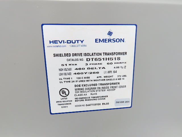 Hevi-Duty DT651H51S Power Isolation Transformer 51kva HV 460V LV 460Y/266 3Ph