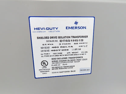 Hevi-Duty DT651H51S Power Isolation Transformer 51kva HV 460V LV 460Y/266 3Ph