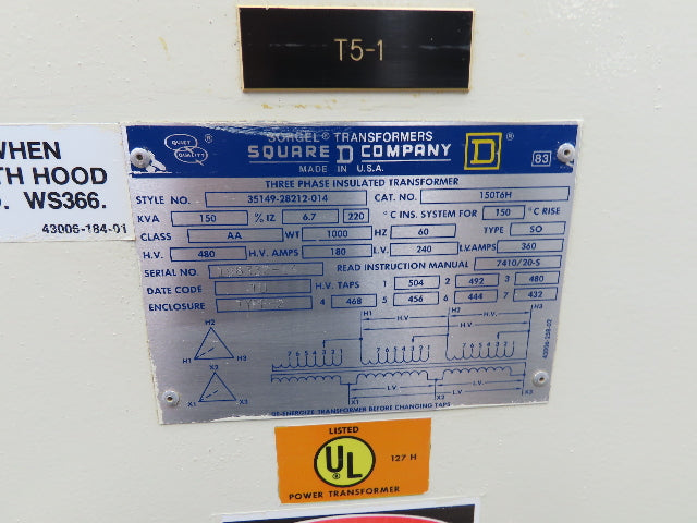 Square D 150T6H Sorgel 150kva Electric Transformer HV 480V LV 240V Delta Delta