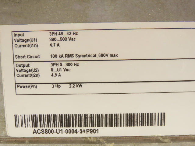 ABB ACS800-U1-0004-5+P901 Variable Speed AC Drive VFD 2Hp 480V 4.9A 3PH READ