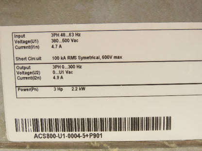 ABB ACS800-U1-0004-5+P901 Variable Speed AC Drive VFD 2Hp 480V 4.9A 3PH READ