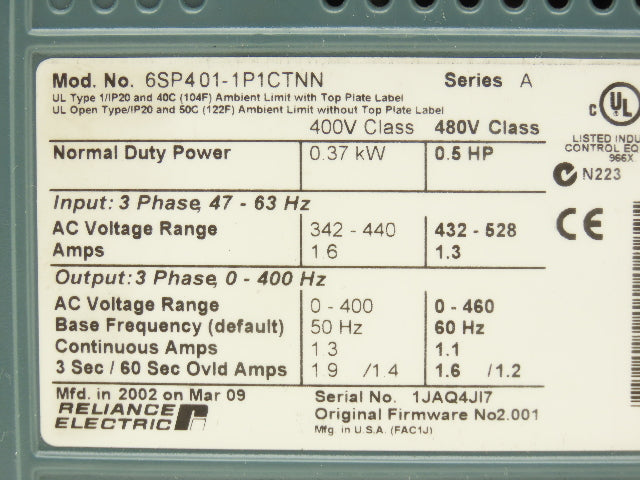 Reliance Electric 6SP401-1P1CTNN Variable Speed VFD AC Drive 0.5Hp 480V 3PH
