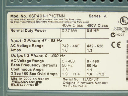 Reliance Electric 6SP401-1P1CTNN Variable Speed VFD AC Drive 0.5Hp 480V 3PH