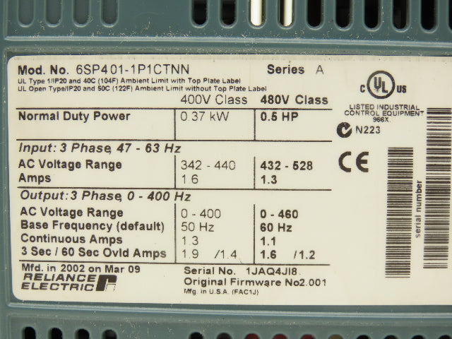 Reliance Electric 6SP401-1P1CTNN Variable Speed VFD AC Drive 0.5Hp 480V 3PH