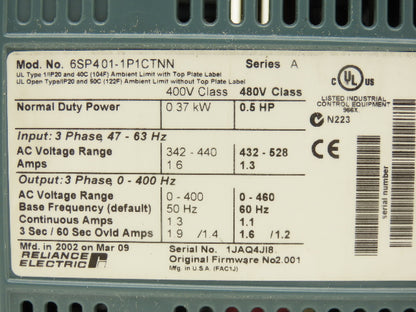 Reliance Electric 6SP401-1P1CTNN Variable Speed VFD AC Drive 0.5Hp 480V 3PH