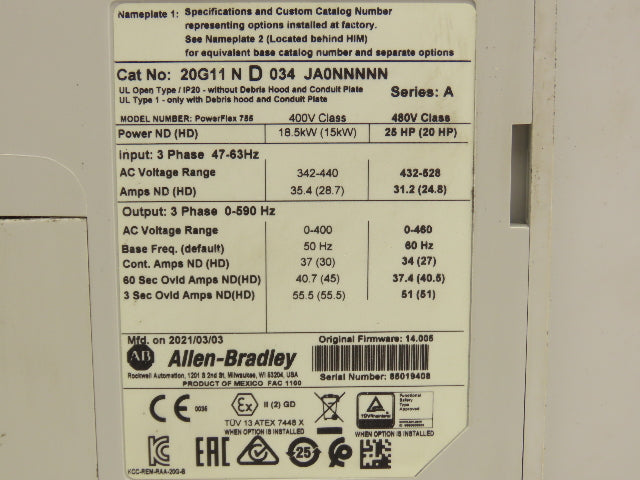 Allen Bradley 20G11ND034JA0NNNNN PowerFlex 70 VFD 25Hp 480V 3Ph Ser A FW 14.005
